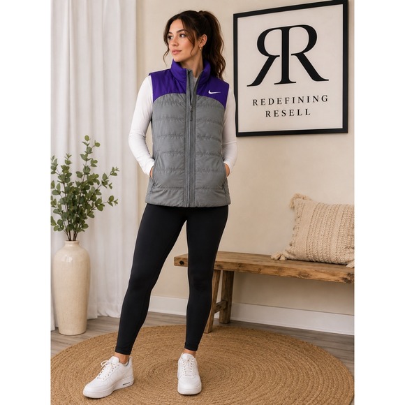 Nike Jackets & Blazers - Nike Womens Puffer Vest Grey Purple Colorblock Quilted Full Zip Size Large